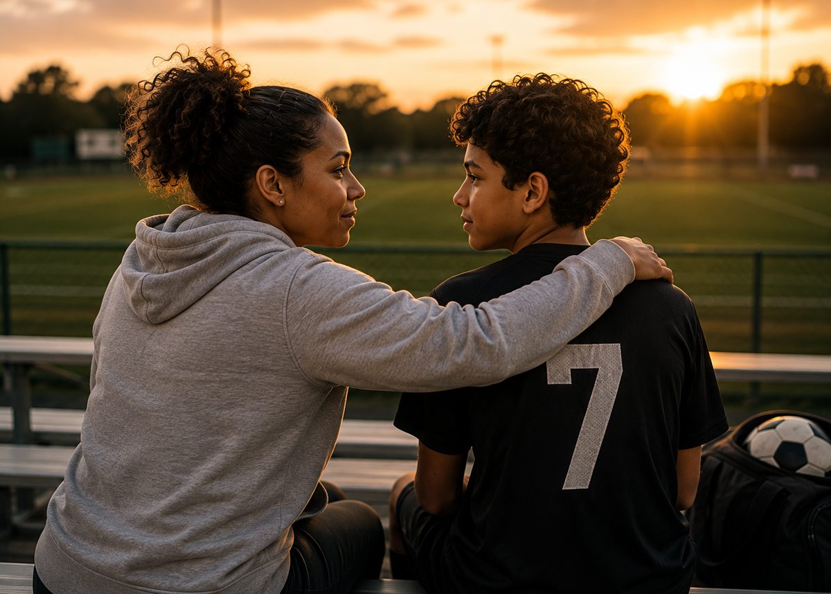 A parent sits with her son on the bleachers at sunset, her arm around his shoulders, the two turned toward each other.