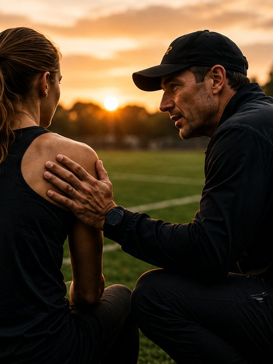 A coach talking with an athlete at the end of training