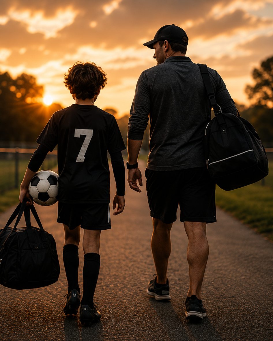 A parent and their son walking away from the field at sunset, her arm around his shoulder, both carrying kit bags.