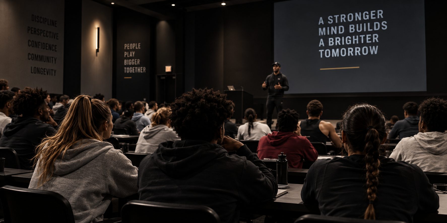 A speaker addressing a room of seated athletes. The screen behind him reads A stronger mind builds a brighter tomorrow.