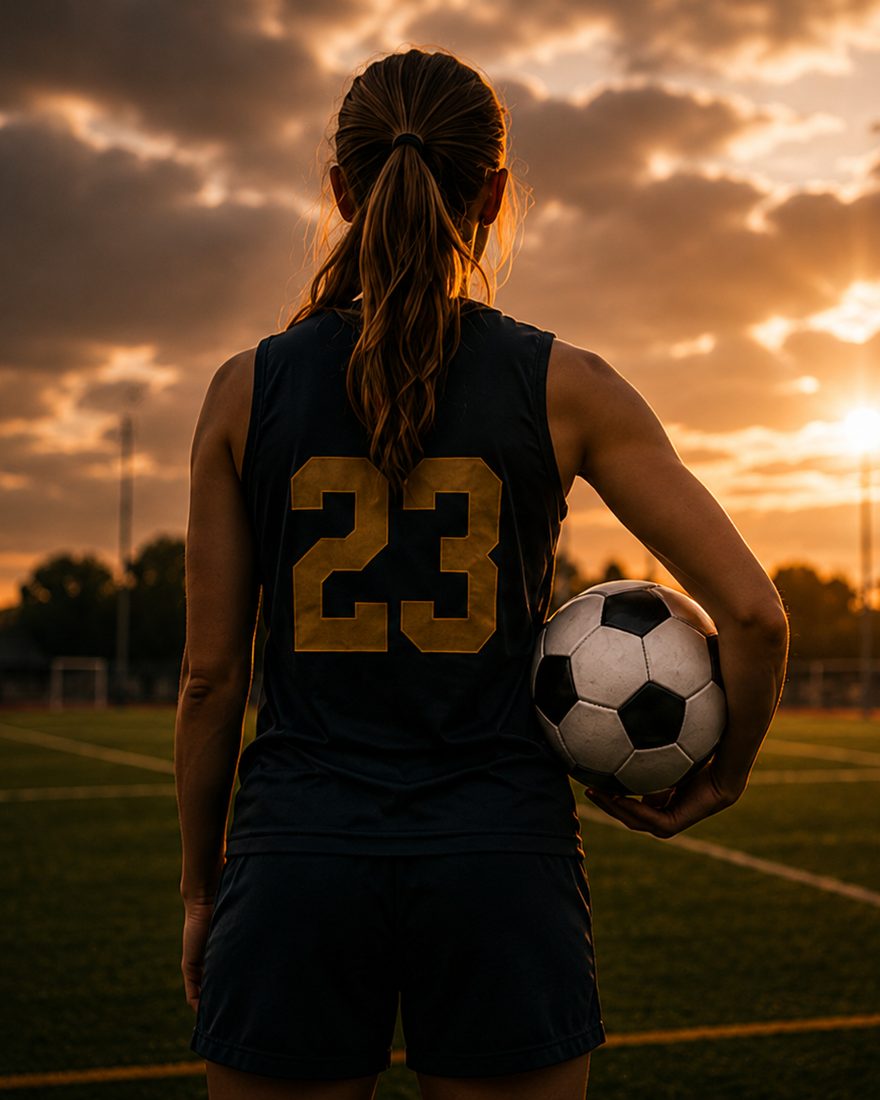 A soccer player in a number 23 jersey standing on the field at sunset, seen from behind.