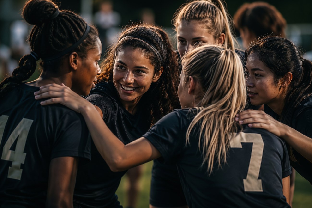 A team in a close huddle, arms around one another after a match.