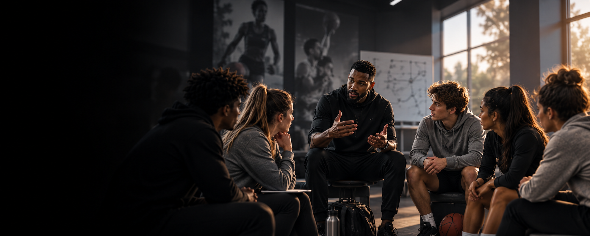 A coach talking with a group of young athletes seated around him in a gym