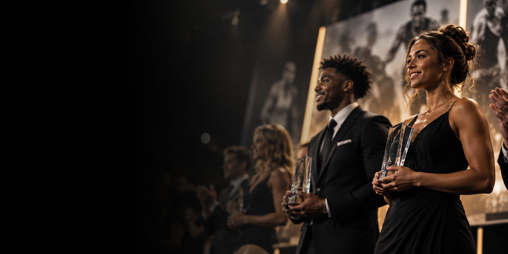 Athletes and guests at an awards evening, two of them holding trophies