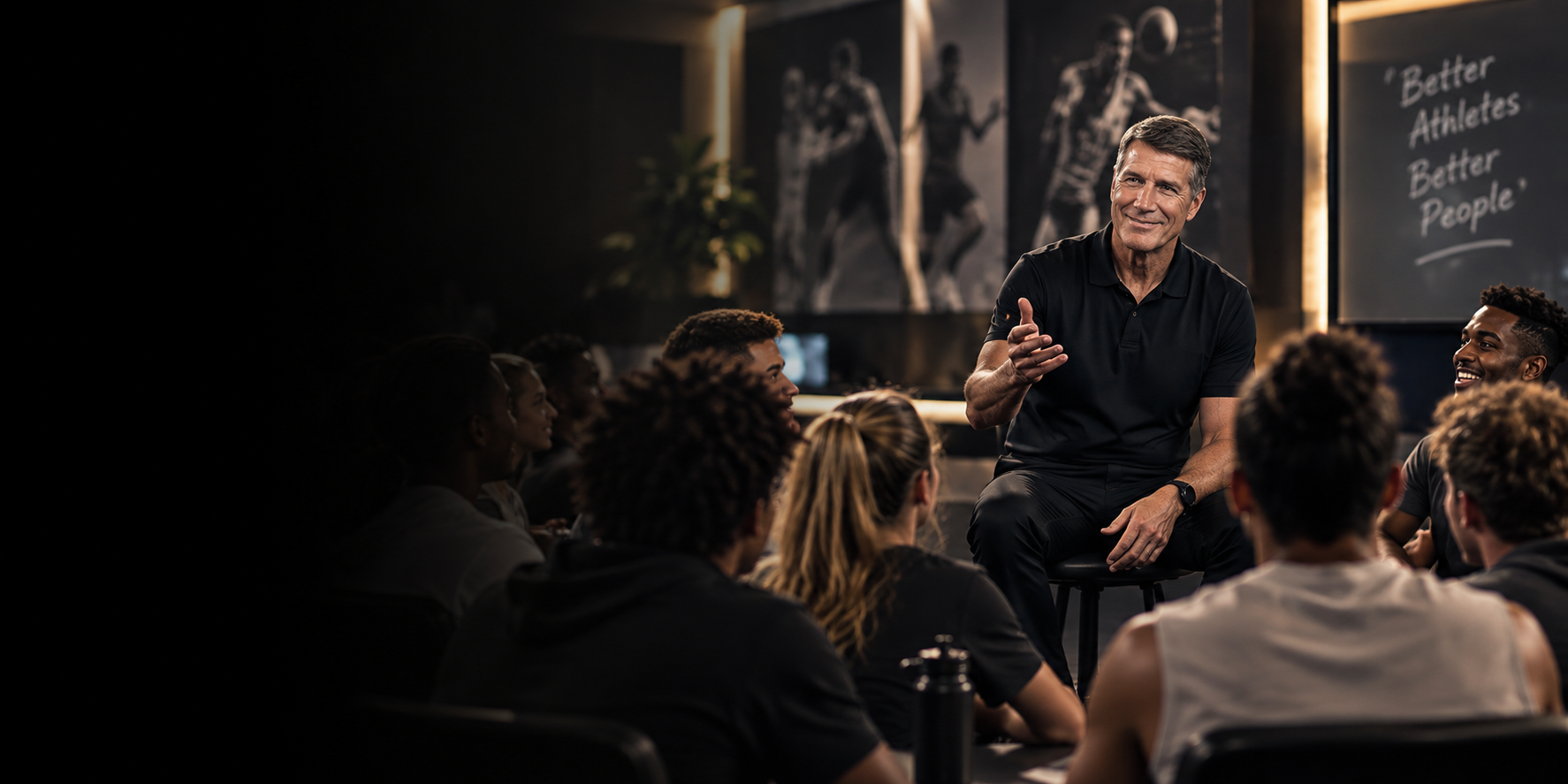 Scott speaking with a seated group of athletes, with a board reading Better Athletes Better People behind him