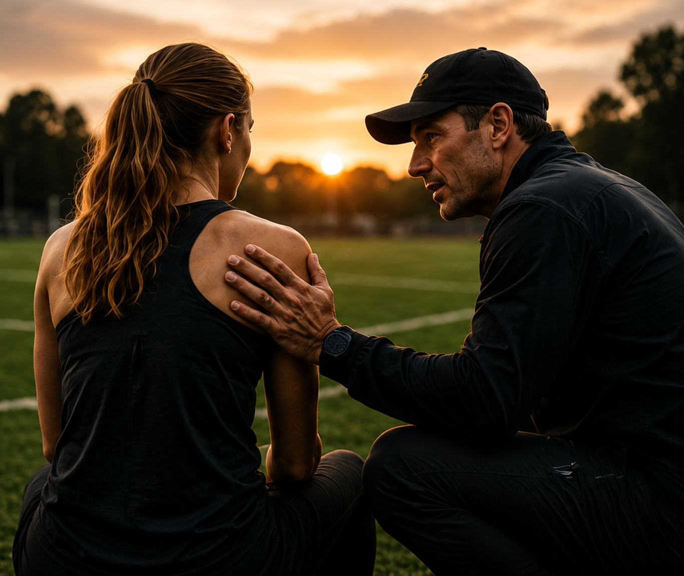 A coach with a hand on an athlete’s shoulder as the sun goes down