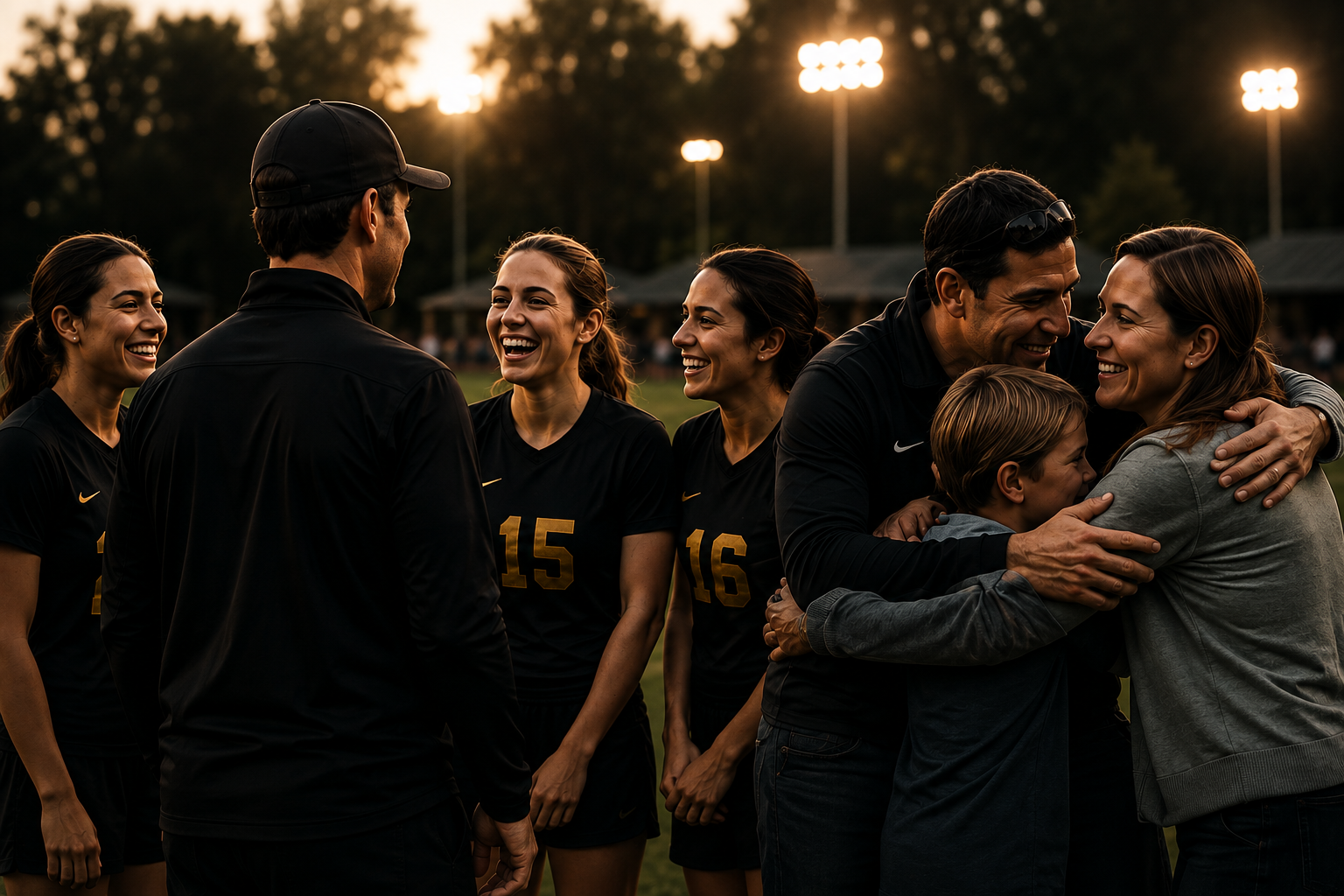 Athletes, coaches and families together under the lights after a match