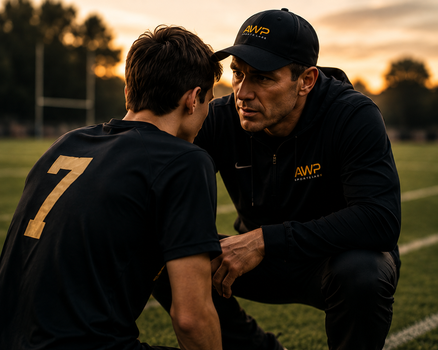 A coach kneeling beside an athlete on the field after practice, listening