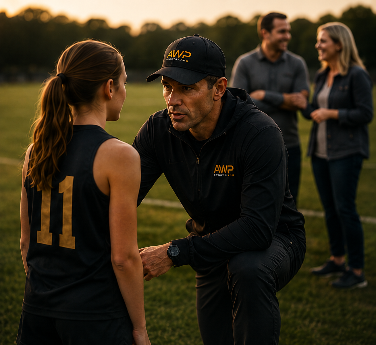 A coach talking with an athlete after practice while parents look on