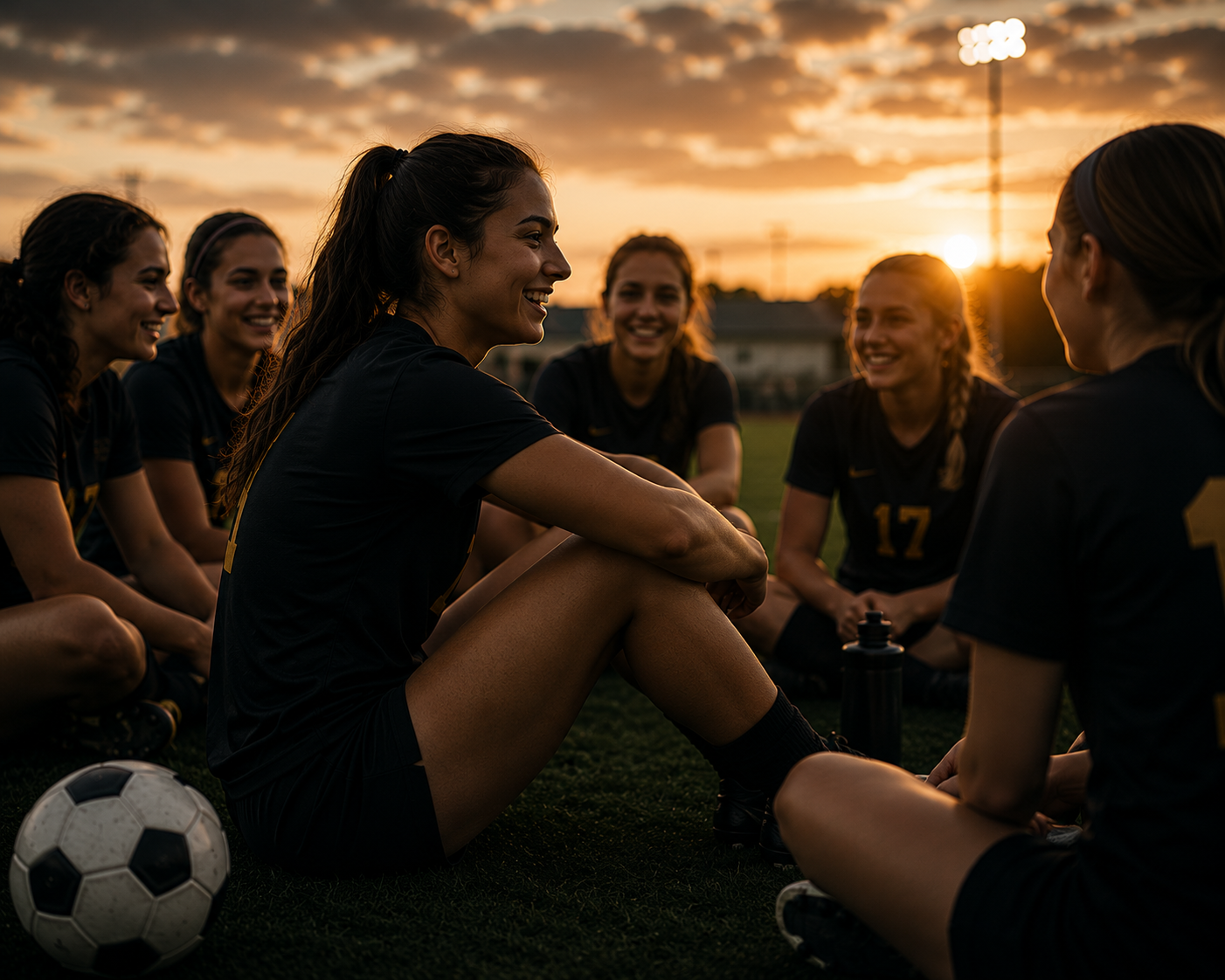 Teammates sitting together on the grass after training, laughing