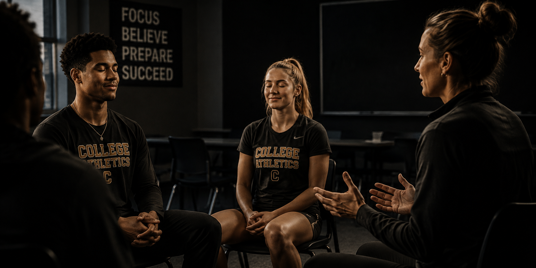 Athletes sitting in a circle with their eyes closed while a facilitator talks them through a check in