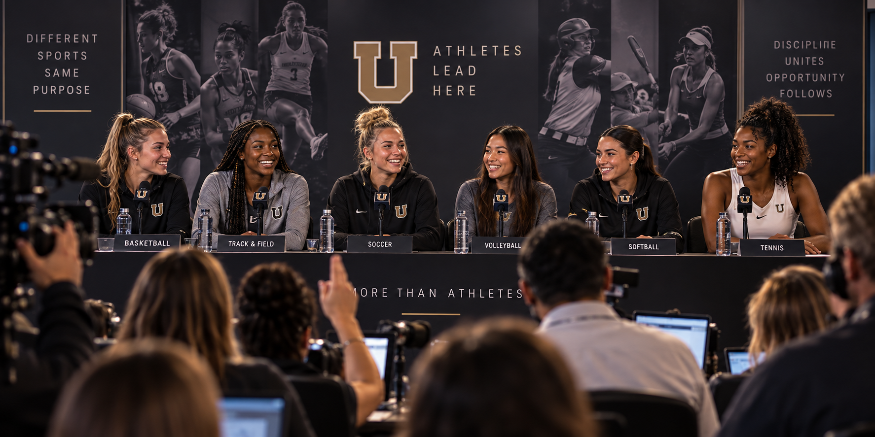 Six college athletes from different sports seated together at a press conference table, in front of a backdrop reading Athletes Lead Here