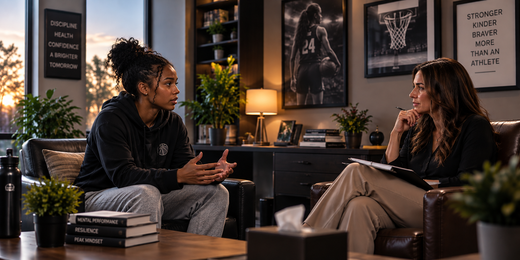 An athlete talking with a clinician in a consulting room, the clinician listening with a notepad