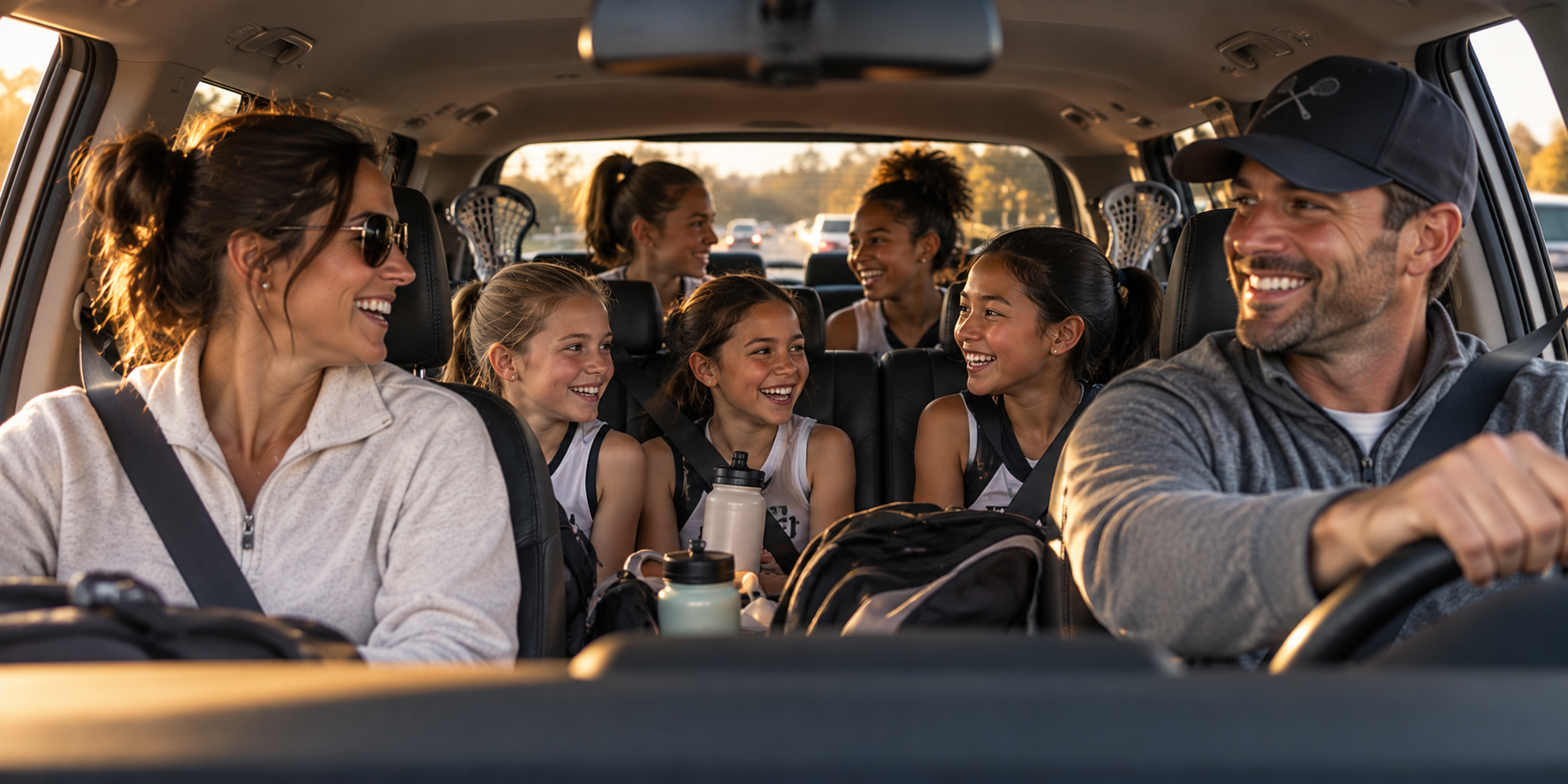 Two parents in the front of a car with four young athletes in the back, late afternoon light