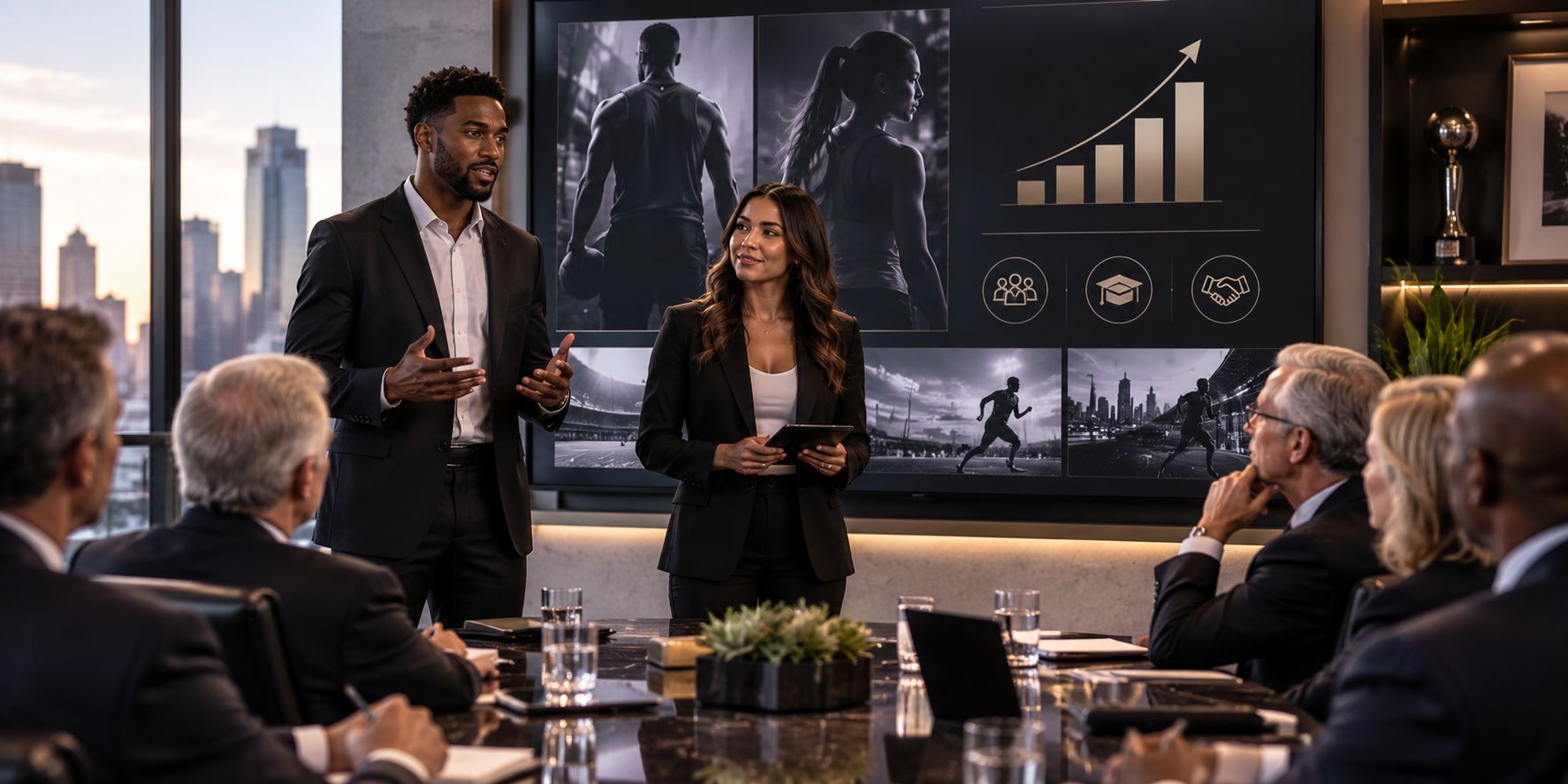 Two people presenting the 10X program to a group, athlete imagery on the screen behind them
