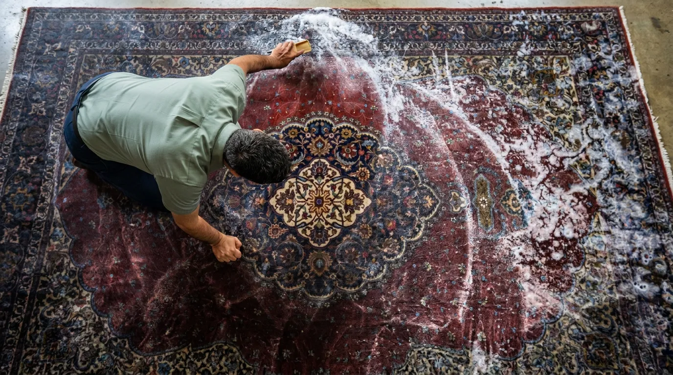 Expert hand washing a Persian rug