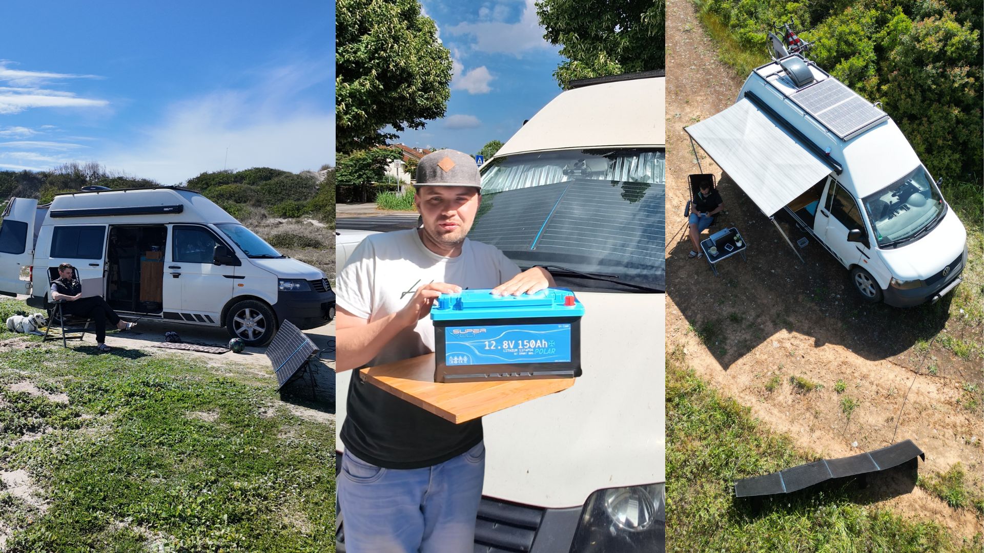 Autarke Stromversorgung im VW T5 Camper mit Supervolt LiFePO4-Batterie, mobiler Solartasche und Dachsolaranlage. Praxisbeispiel für Vanlife-Elektrik, Offgrid-Camping und unabhängiges Reisen mit Solarenergie.