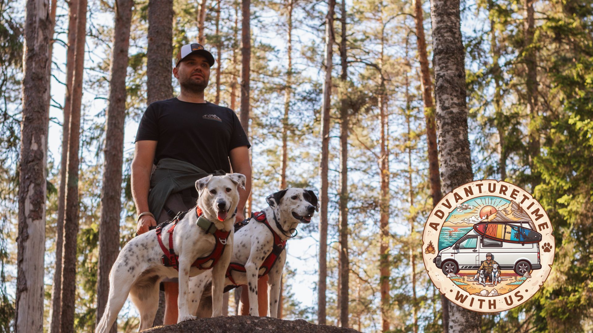 Vanlife mit Hund in Europa: Chris mit seinen Hündinnen Mia und Maya bei einer Wanderung im skandinavischen Wald. Abenteuer mit Campervan, Naturerlebnisse, Reisen mit Hund, Wandern, Outdoor-Lifestyle und Tierschutz auf advanturetimewithus.com.