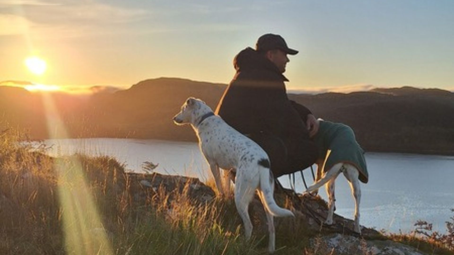 Vanlife mit Hund: Chris genießt den Sonnenuntergang gemeinsam mit Mia und Maya inmitten der Natur. Vanlife mit Hund: Chris genießt den Sonnenuntergang gemeinsam mit Mia und Maya inmitten der Natur.
