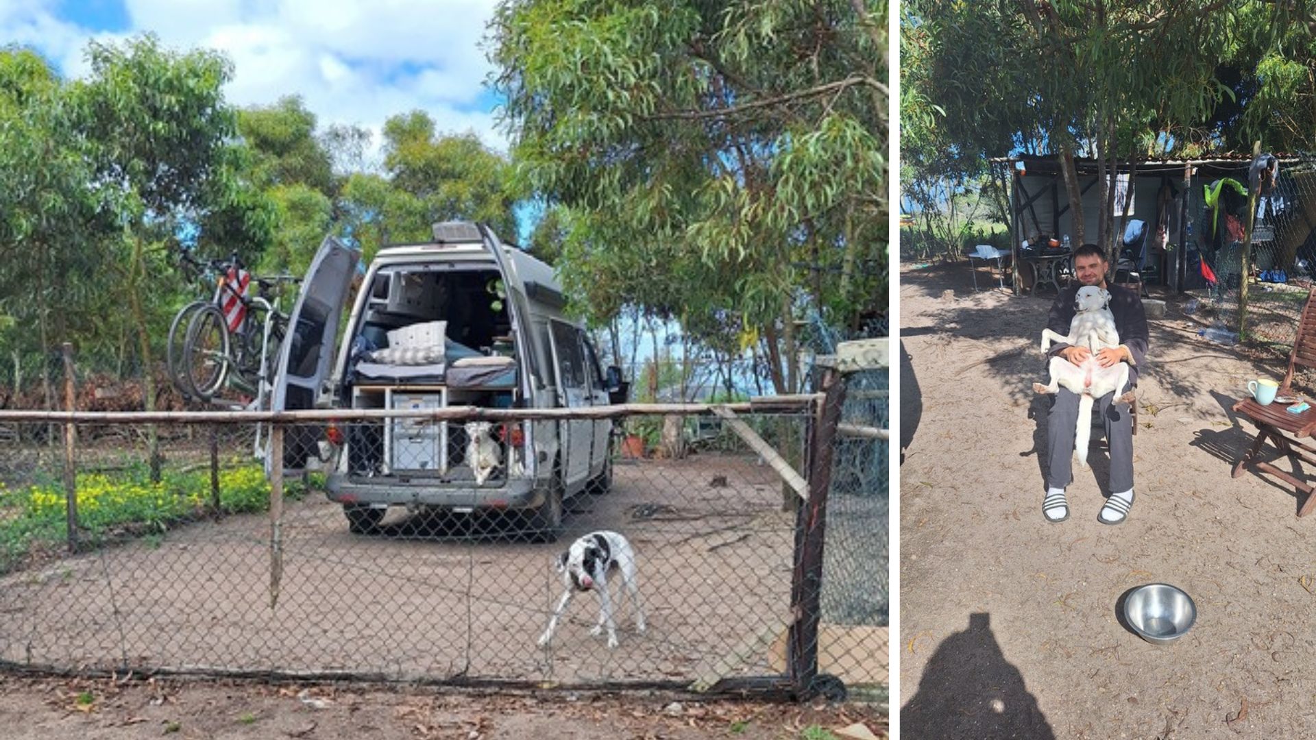 Unser VW T5 Camper auf der Tierschutzfarm in Portugal und ich mit Maya kurz nach der Leishmaniose-Diagnose.