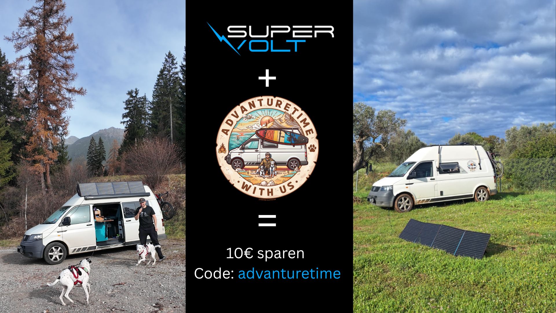VW T5 Camper mit Supervolt Solartasche und Solaranlage beim autarken Vanlife in Europa. Offgrid-Stromversorgung mit Rabattcode advanturetime für nachhaltiges Reisen mit Hund.