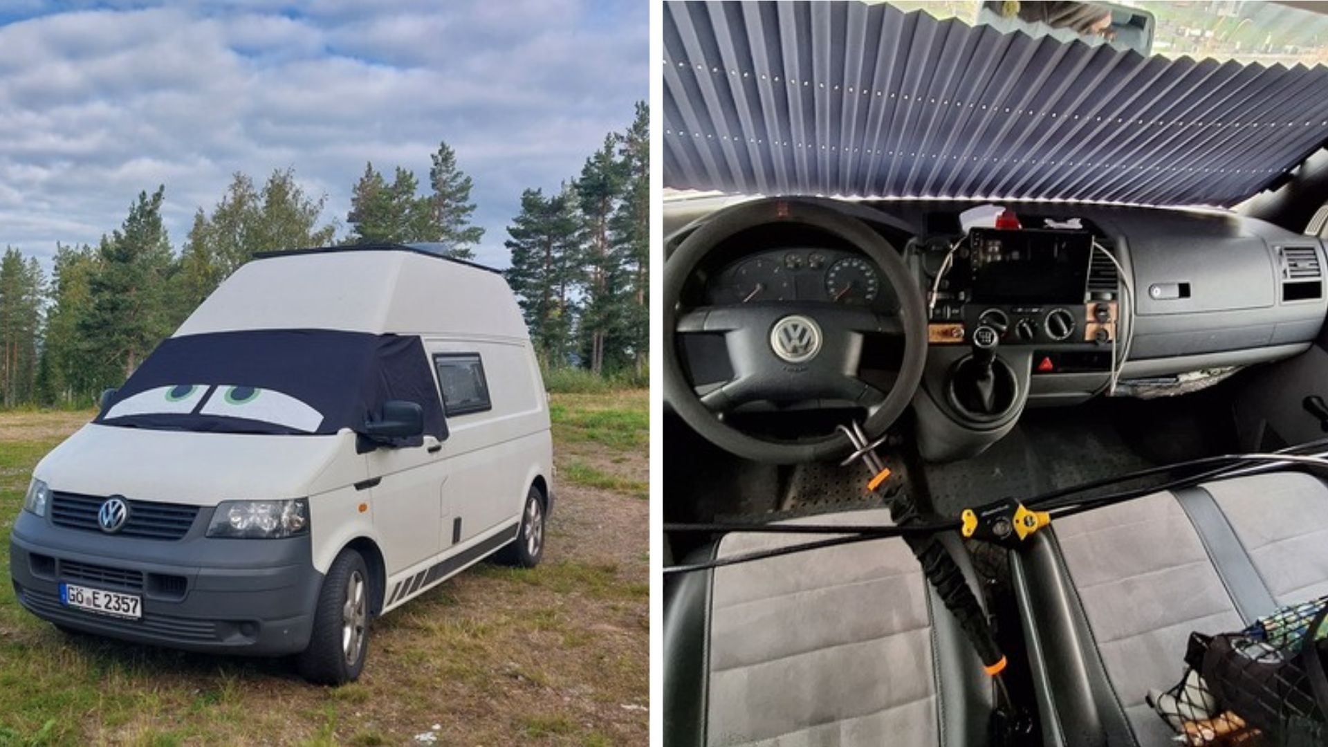 Frontscheibenabdeckung am VW T5 Camper als Sonnenschutz – weniger Wärme im Fahrerhaus und bessere Voraussetzungen für ein angenehmes Klima im Wohnbereich. Frontscheibenabdeckung am VW T5 Camper als Sonnenschutz – weniger Wärme im Fahrerhaus und bessere Voraussetzungen für ein angenehmes Klima im Wohnbereich.