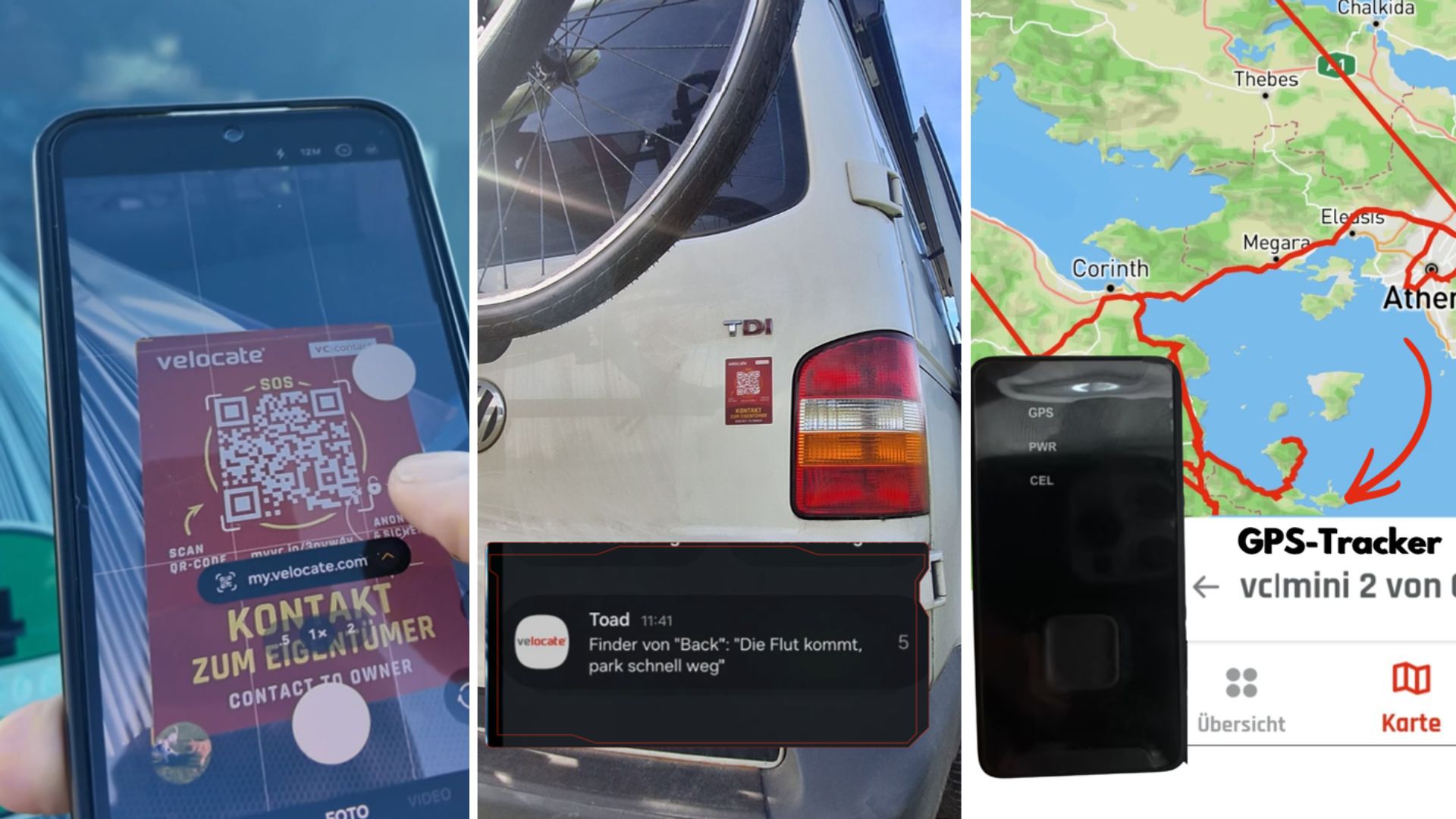 GPS-Tracker und QR-Sticker am VW T5 Camper: Standort verfolgen und im Notfall per QR-Code schnell Kontakt zum Besitzer aufnehmen.
