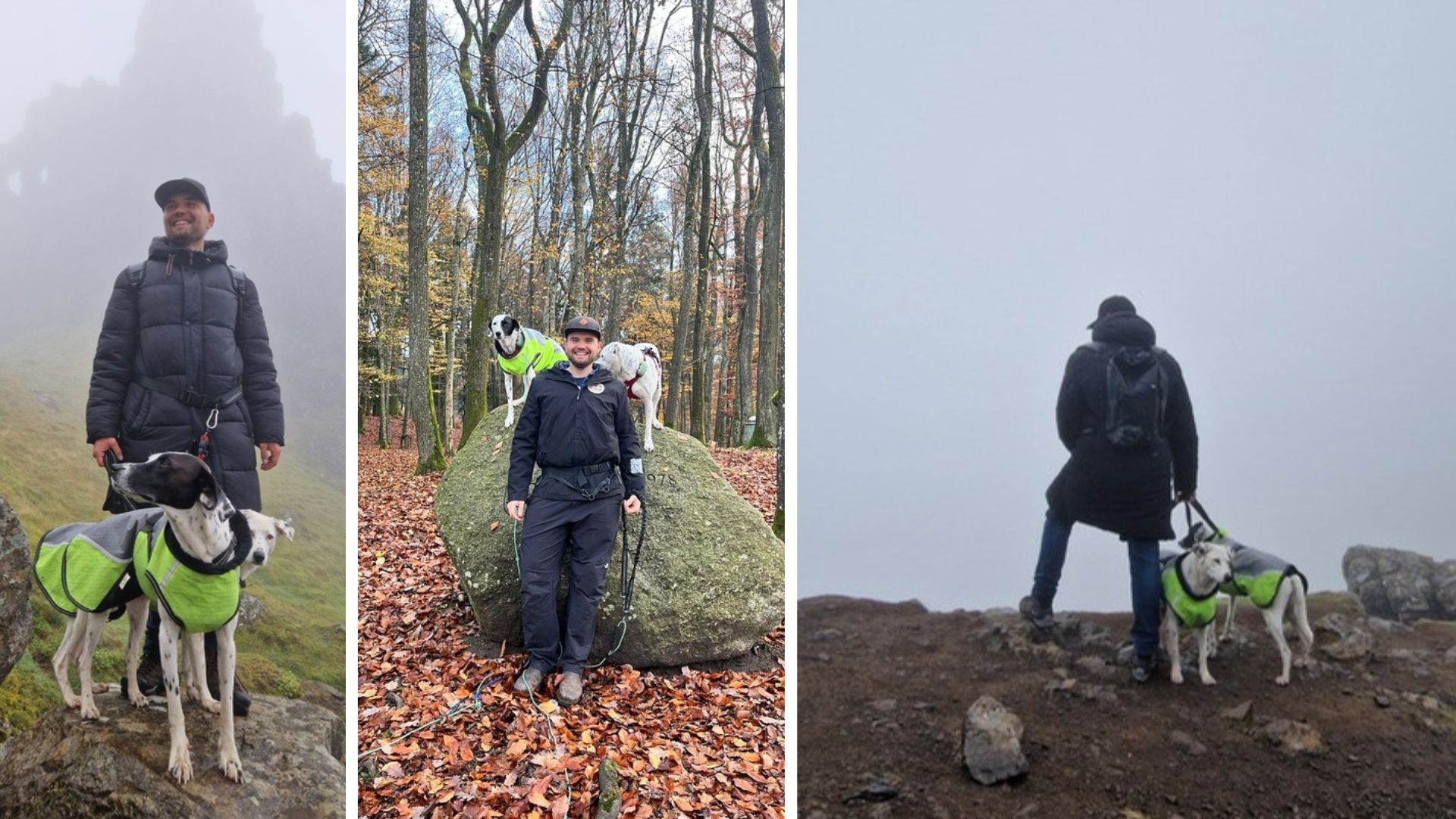 Wandern mit zwei Hunden bei Nebel und Kälte – Mia und Maya im Hundemantel unterwegs in der Natur