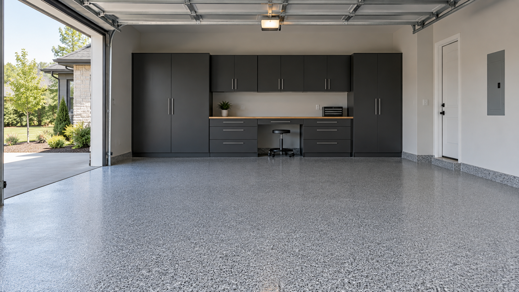 Illustrative garage with a light gray flake floor, charcoal cabinetry and natural light