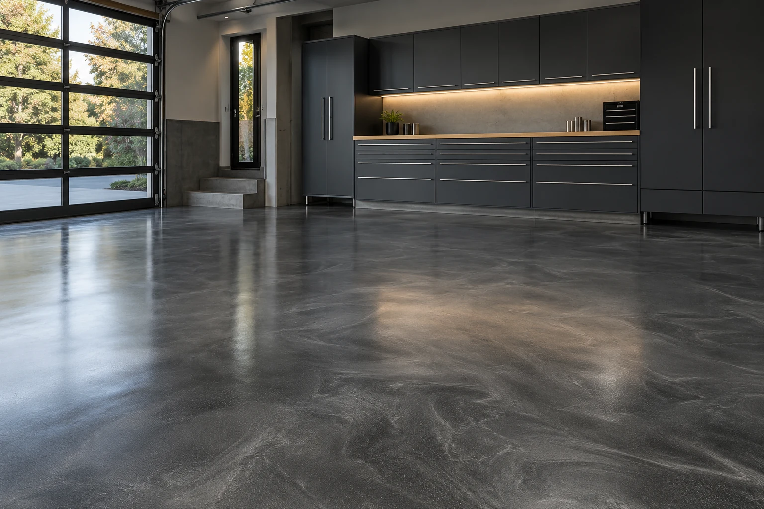 Illustrative graphite metallic floor in a garage setting