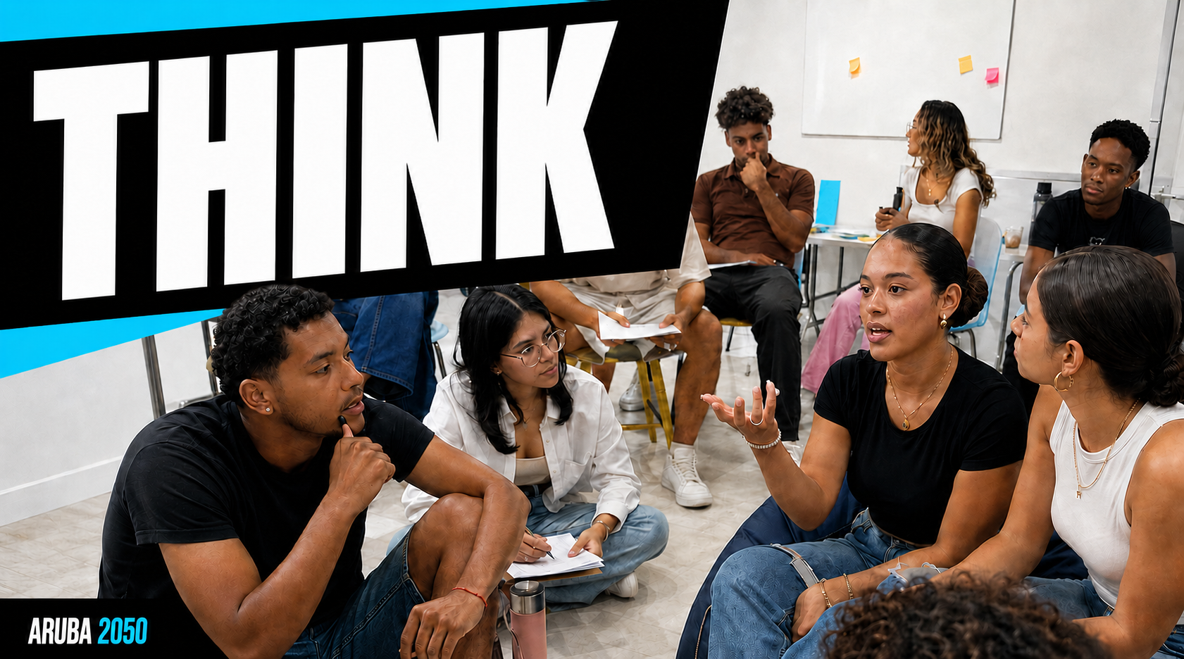 Think. Young Arubans in a small-group discussion at a workshop, one speaking as the others listen.
