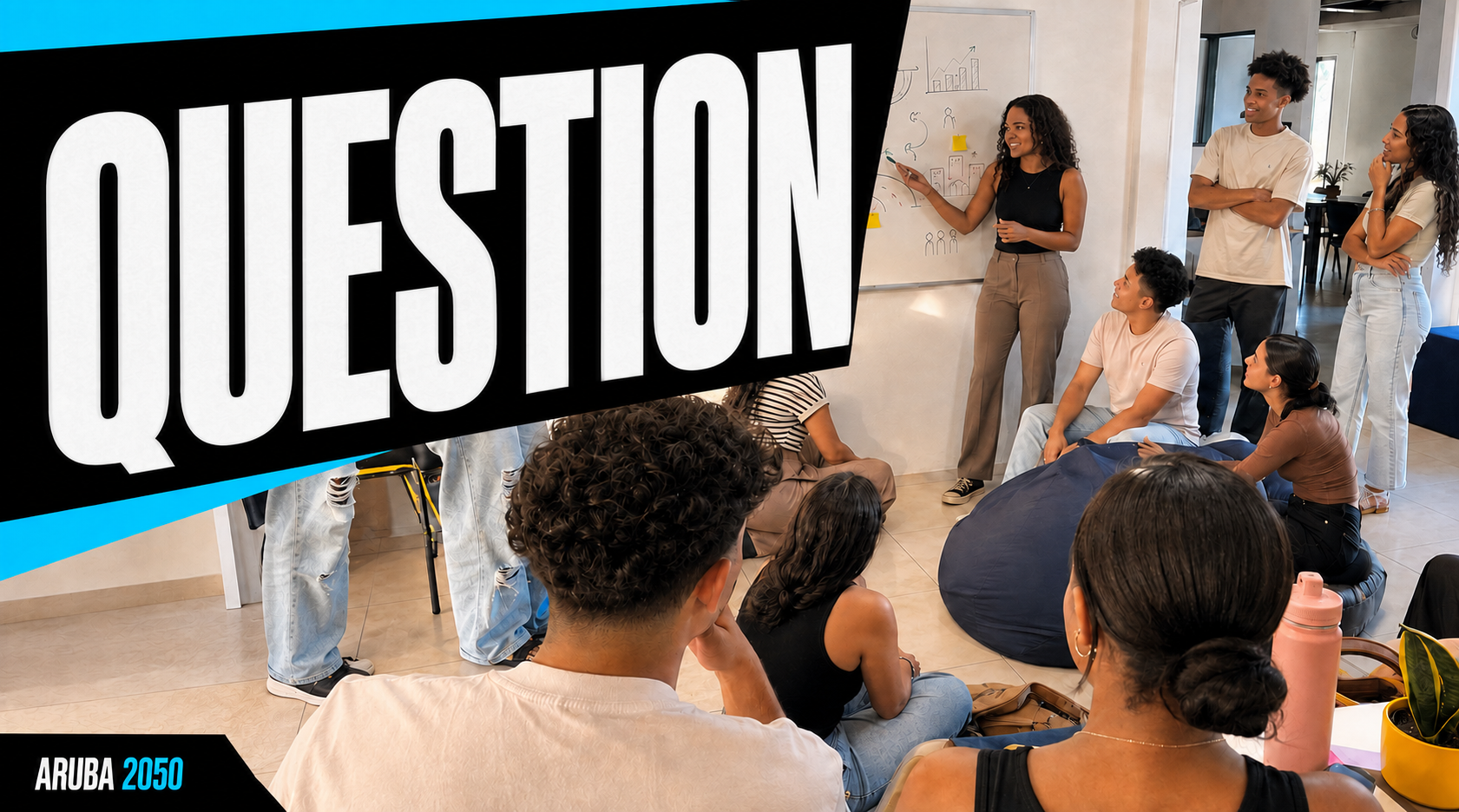 Question. A group pointing at sketches and sticky notes covering a wall.