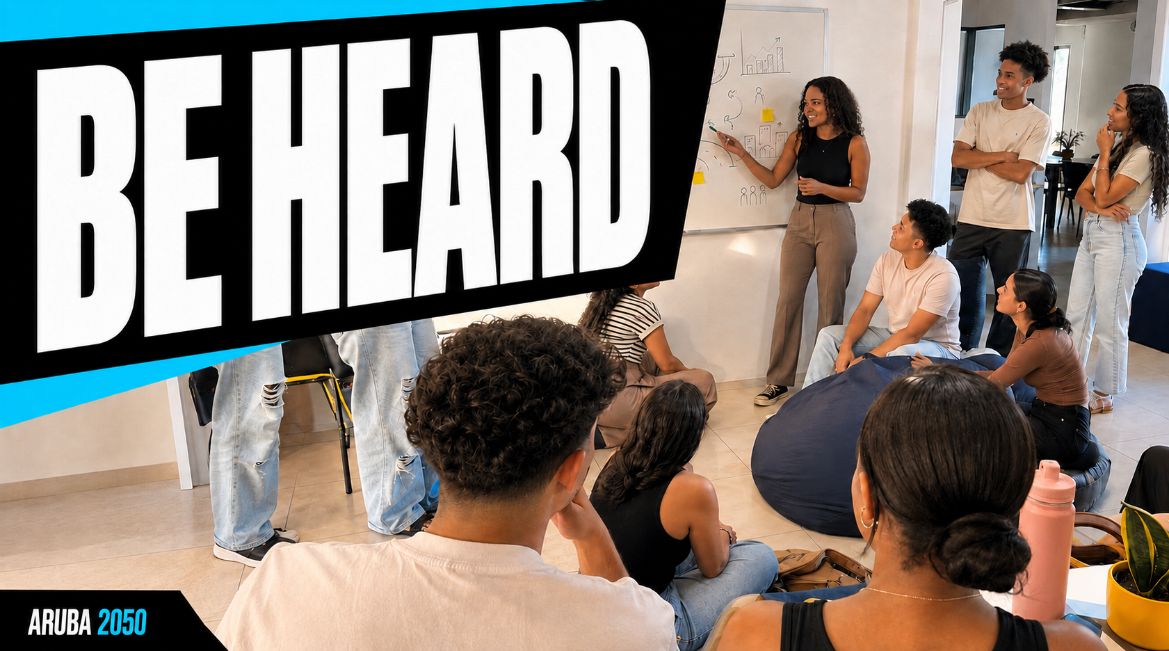 Be heard. A young woman presenting her ideas at a whiteboard to the group.