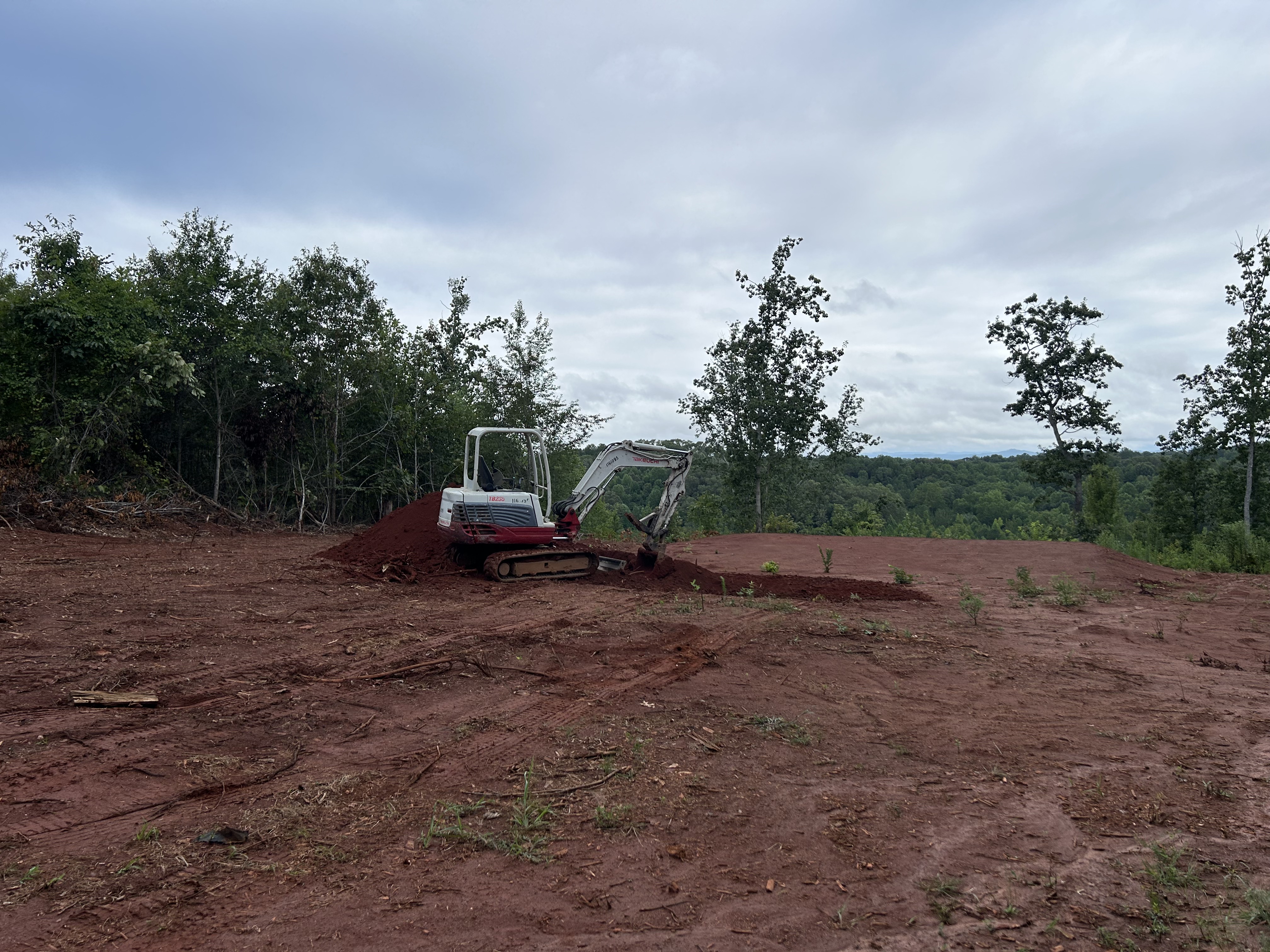 Mini excavator clearing a wooded home site