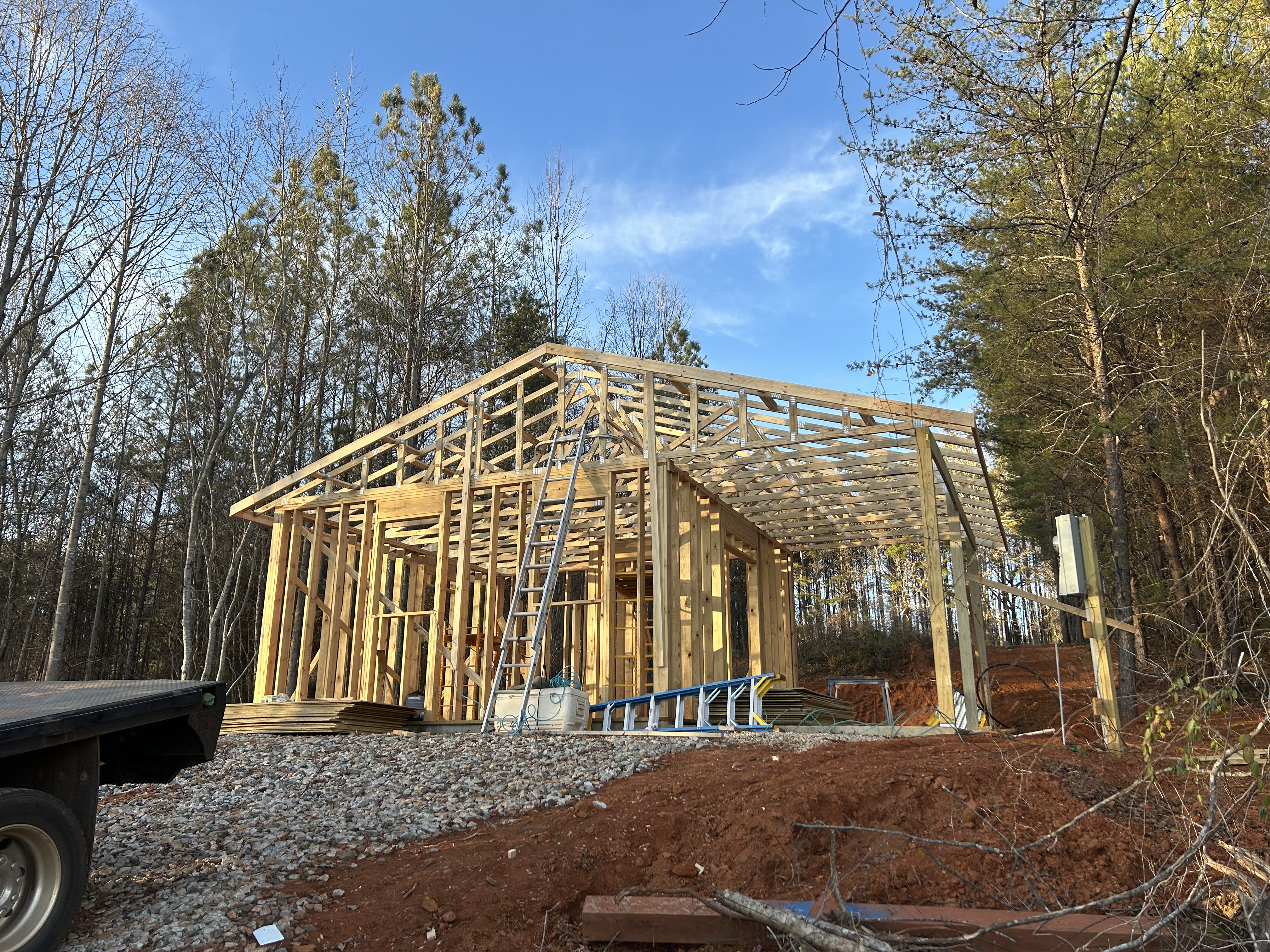 Pole barn framing going up