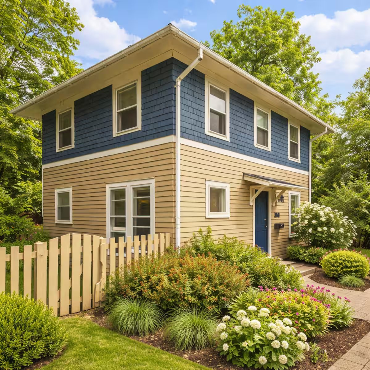 Cecily's short-term rental home in Ann Arbor, Michigan, a blue and tan two-story house with a picket fence and garden