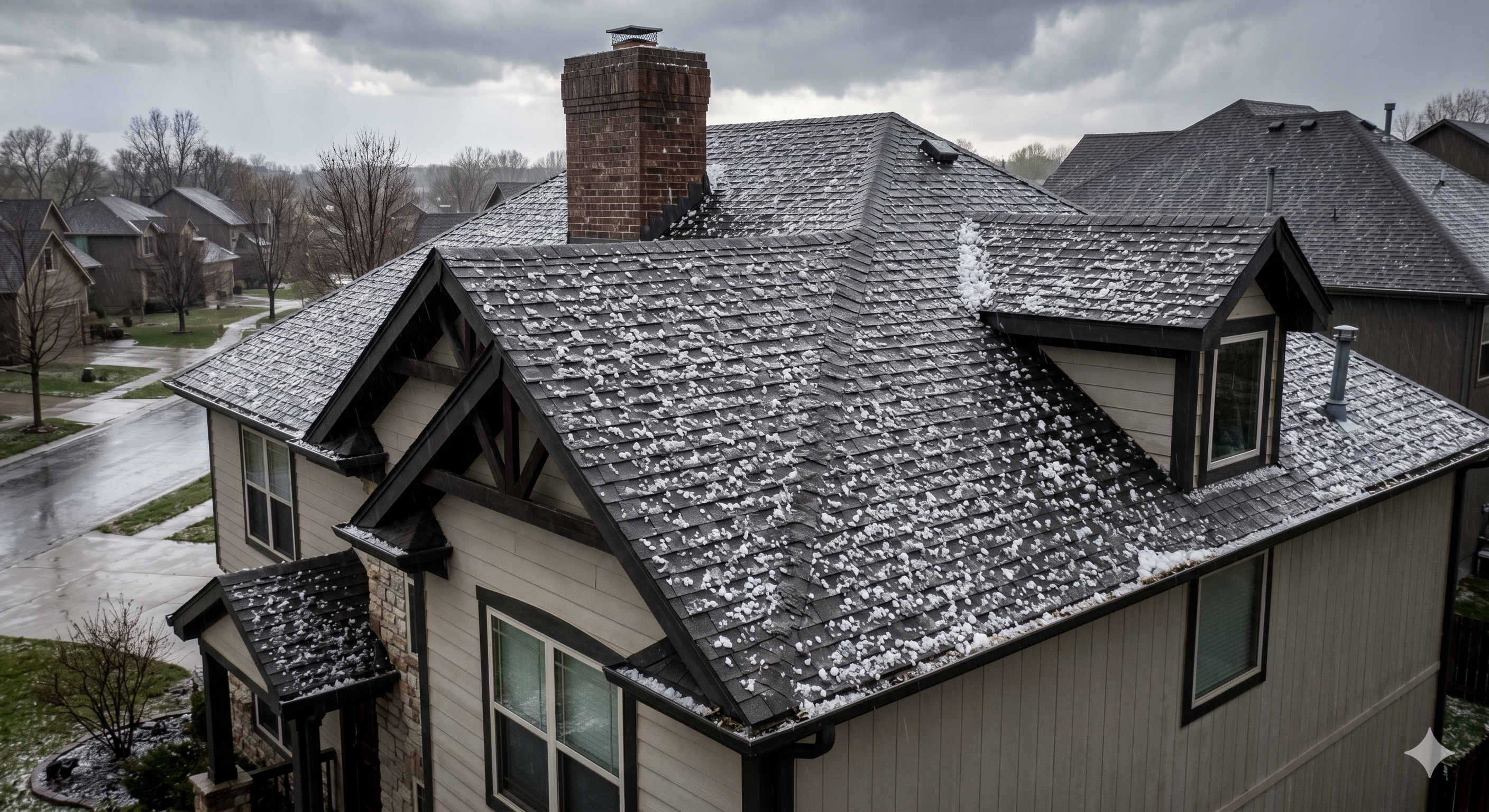Kansas City home covered in hail after a severe Midwest storm showing ice accumulation across asphalt shingles Kansas City home covered in hail after a severe Midwest storm showing ice accumulation across asphalt shingles