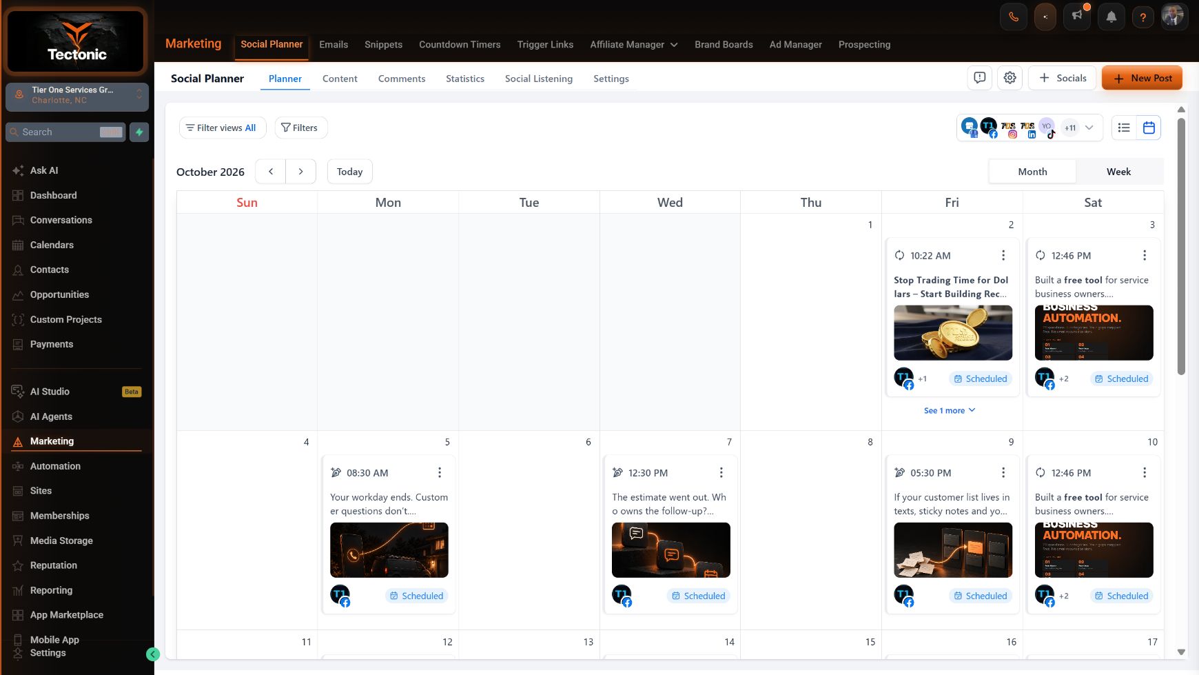 Actual Tectonic OS Social Planner showing the Tier One Services October 2026 publishing calendar and scheduled posts