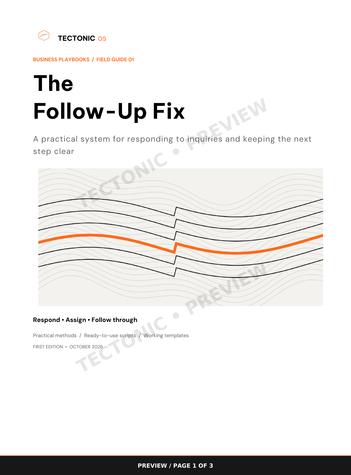 Watermarked preview page 1 of 3 from The Follow-Up Fix. Cover introducing a practical system for responding to inquiries and keeping the next step clear.