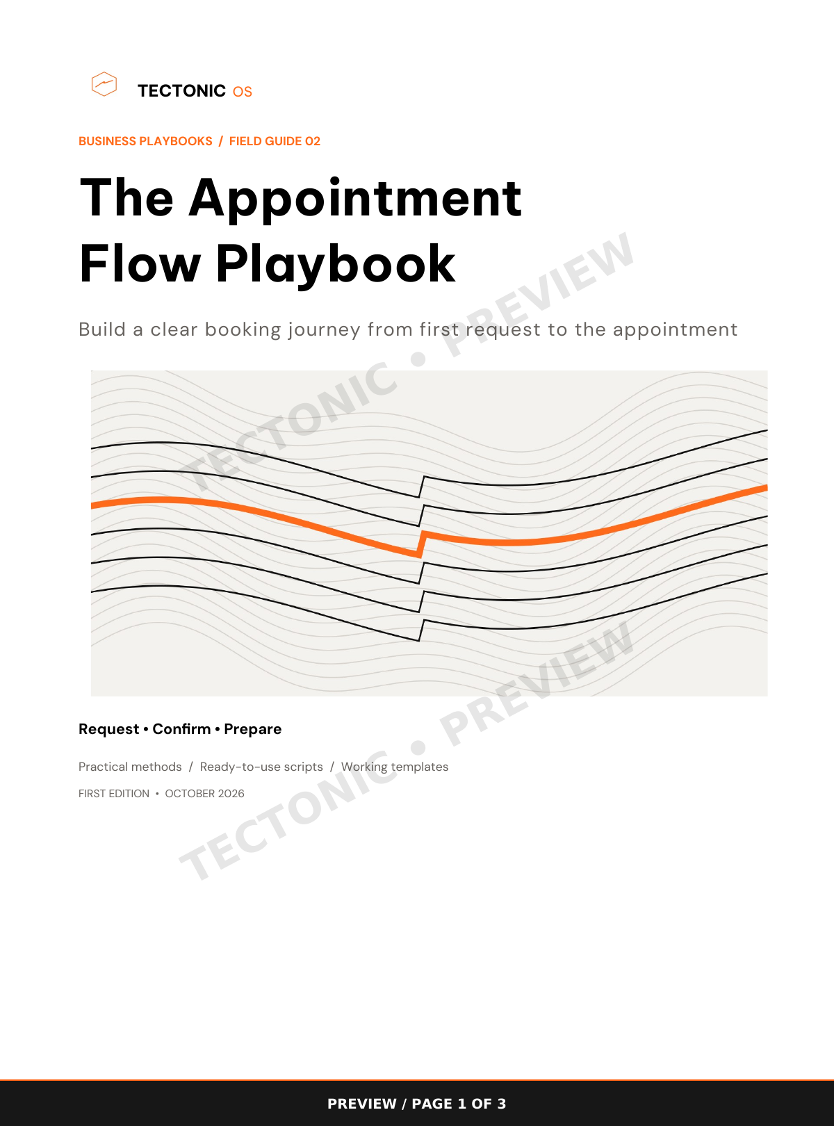Watermarked preview page 1 of 3 from The Appointment Flow Playbook. Cover introducing a clear booking journey from the first request to the appointment.