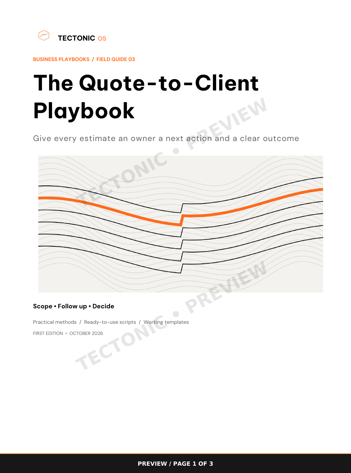 Watermarked preview page 1 of 3 from The Quote-to-Client Playbook. Cover introducing a process for giving every estimate an owner, a next action and a clear outcome.