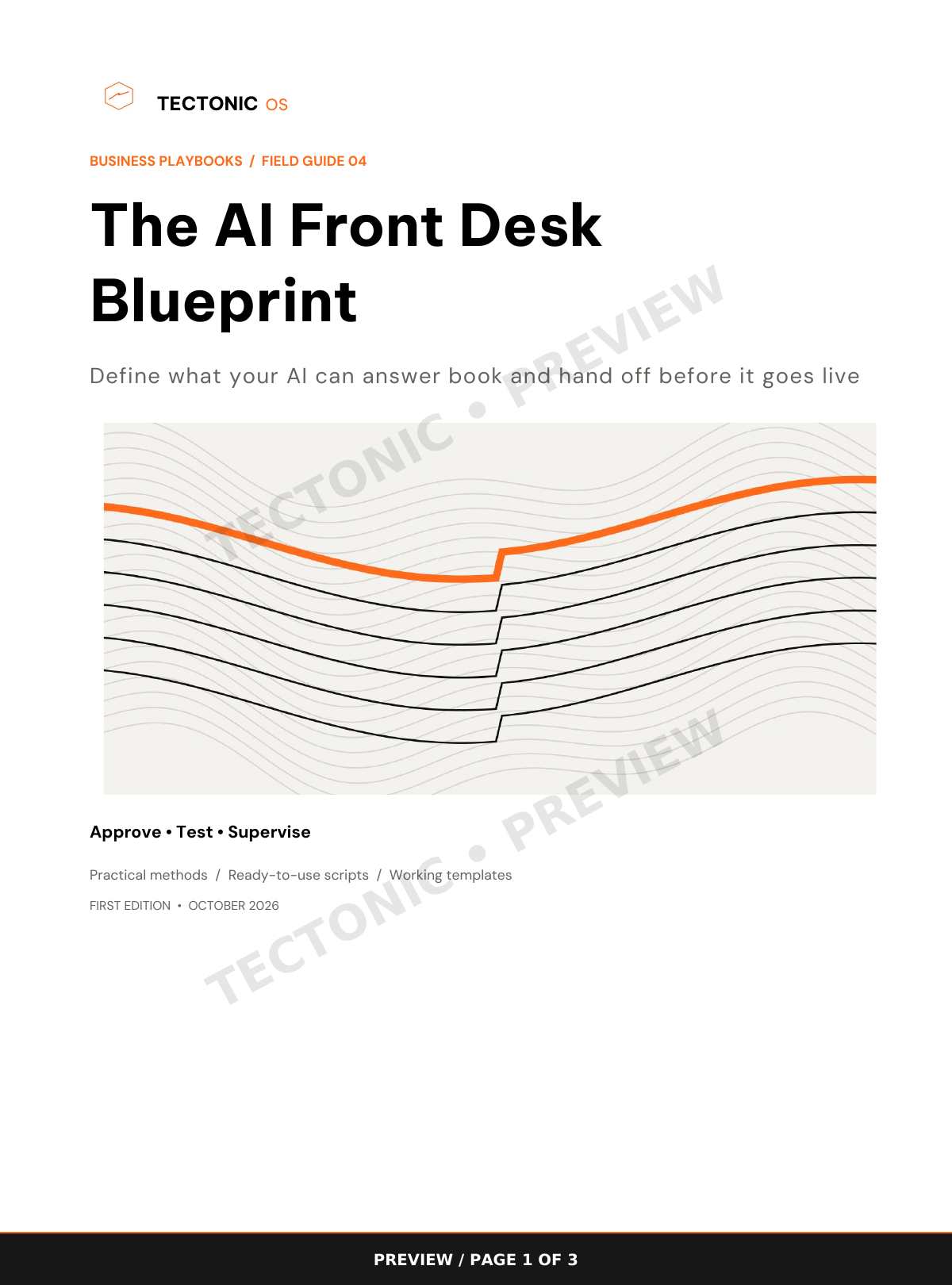 Watermarked preview page 1 of 3 from The AI Front Desk Blueprint. Cover introducing a blueprint for deciding what an AI front desk may answer, book and hand off before launch.