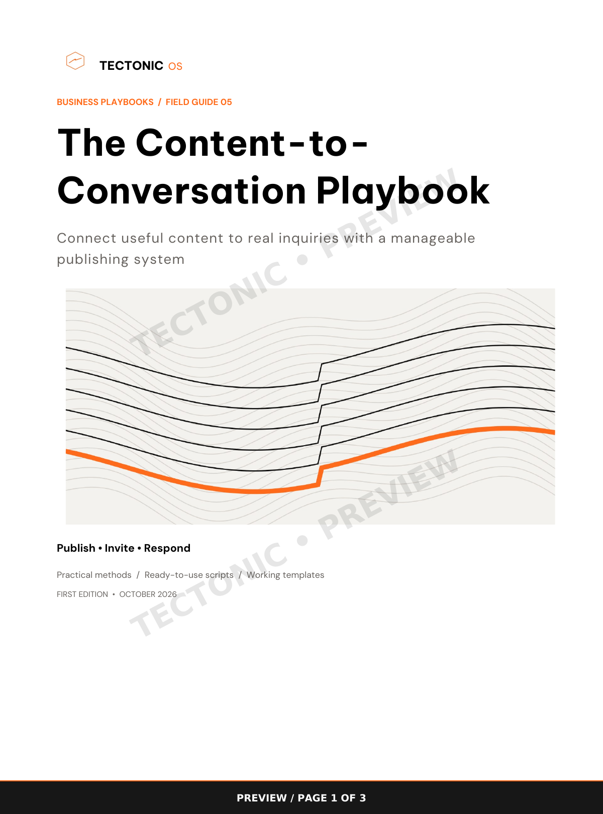 Watermarked preview page 1 of 3 from The Content-to-Conversation Playbook. Cover introducing a manageable publishing system that connects useful content to real customer inquiries.