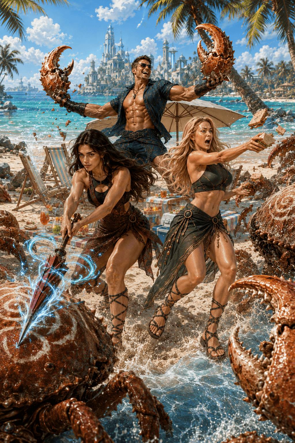 Gritspire heroes battling giant crab monsters on a fantasy beach