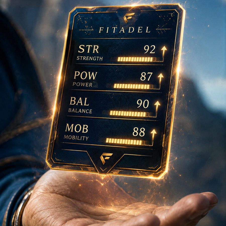 Illustrated glowing Fitadel stat card showing strength, power, balance and mobility scores, floating above an open hand
