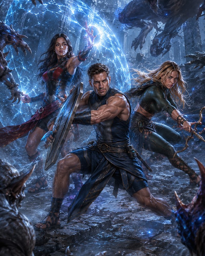 Illustrated Gritspire heroes raising a blue magic shield against a winged monster