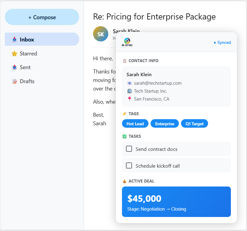 M-Sync CRM dashboard showing contacts and deals inside Gmail inbox