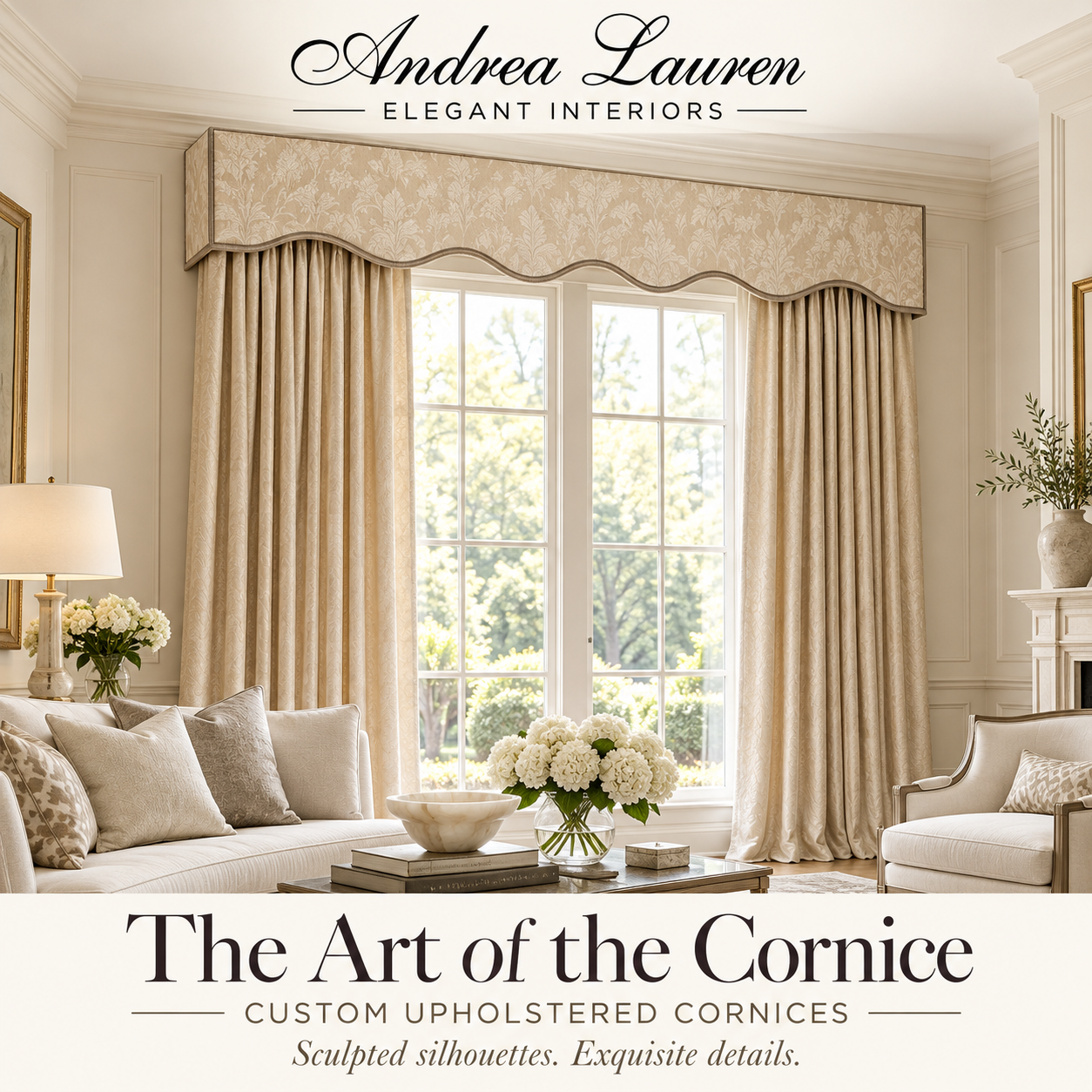 Upholstered cornice and custom window treatments