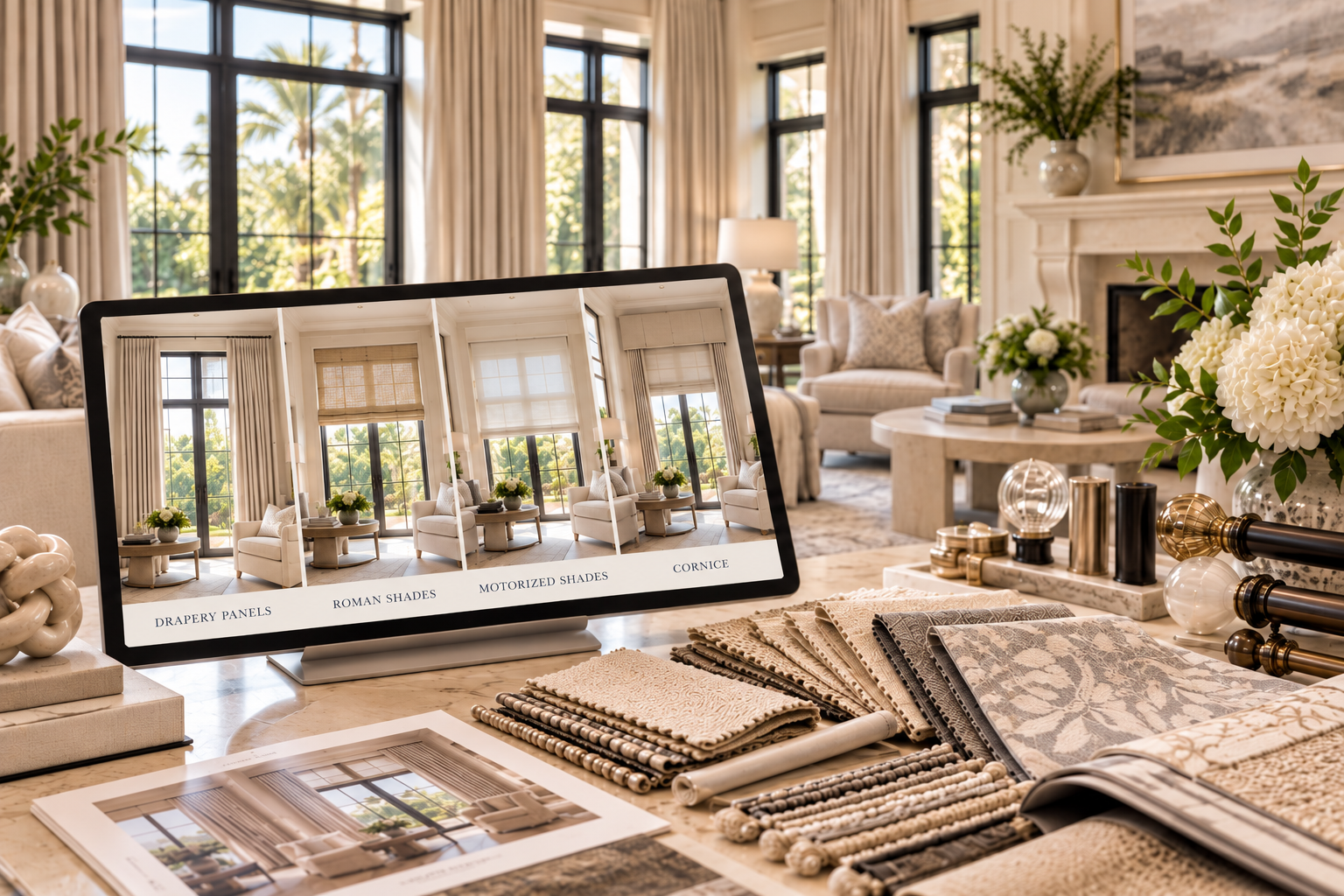 Window treatment design preview with drapery, Roman shades, motorized shades and cornice options