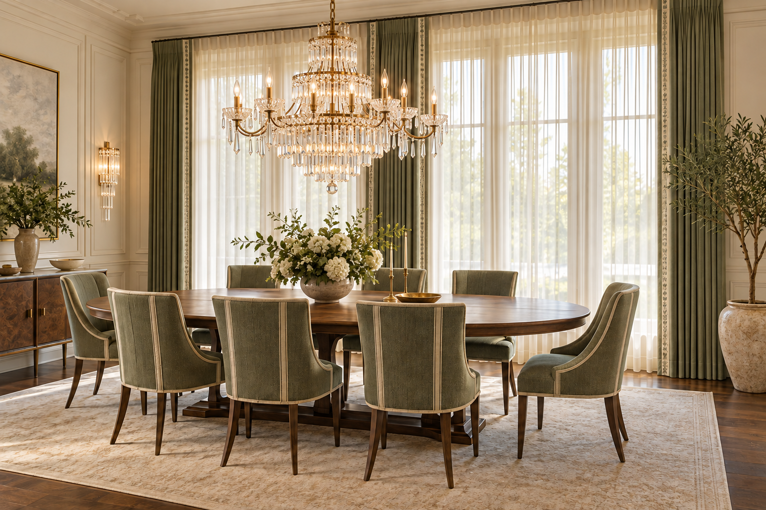 Elegant sage green dining room with full-length custom draperies and sheers